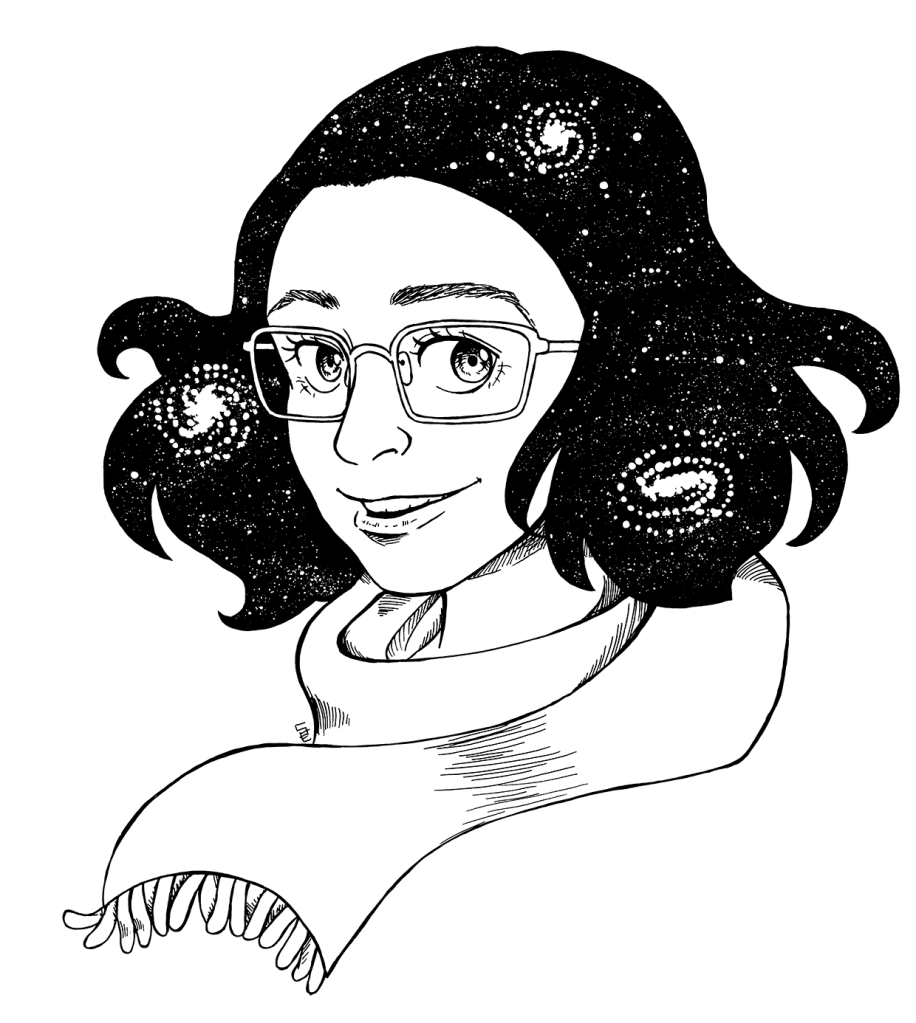 Ink drawing of a woman with stars in her hair wearing a scarf